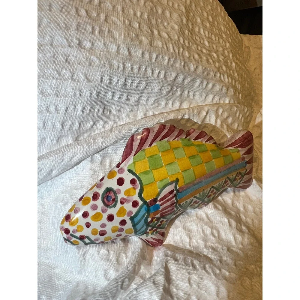 MacKenzie-Childs‎ Ceramic Fish Knob 5in Colorful Checker Pink Pull Handle